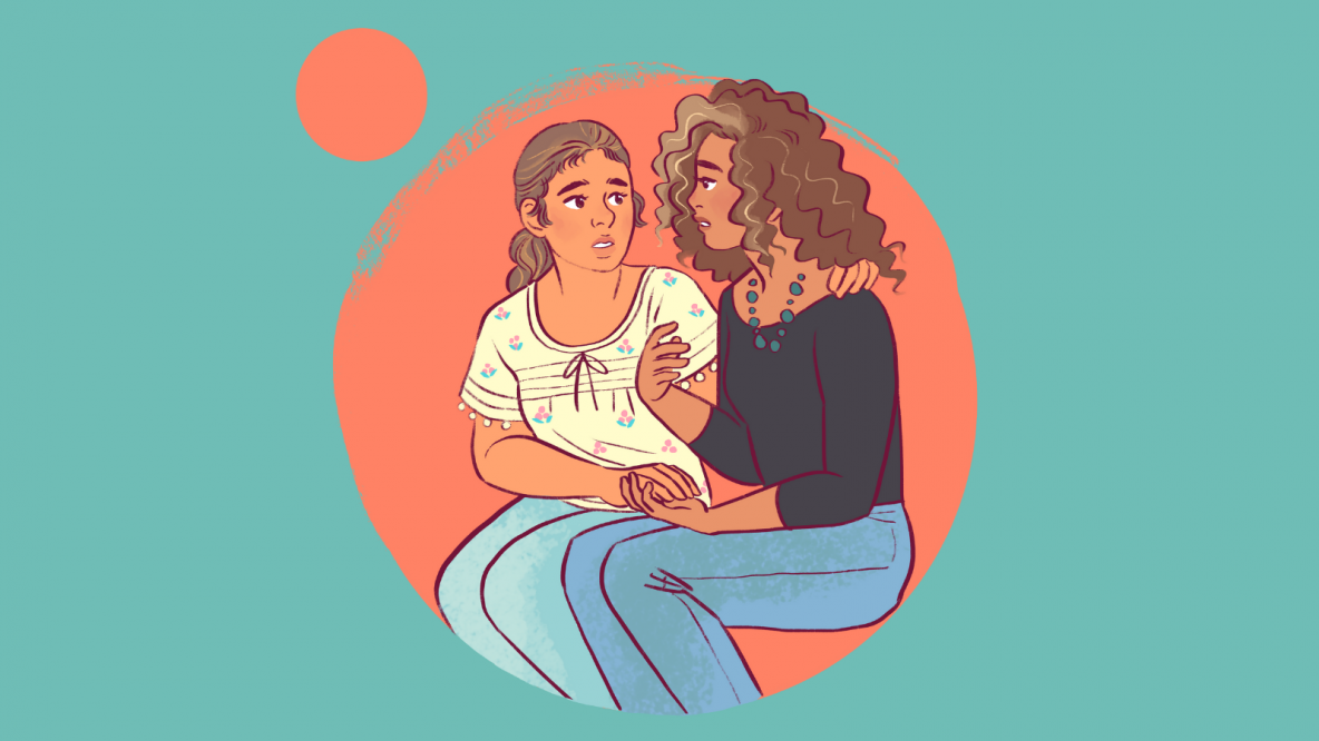 Graphic of two women sitting close and talking Brazil