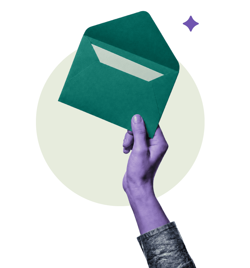 llustration of a purple hand holding an open green envelope in front of a light circular background, with a small purple star icon above.
